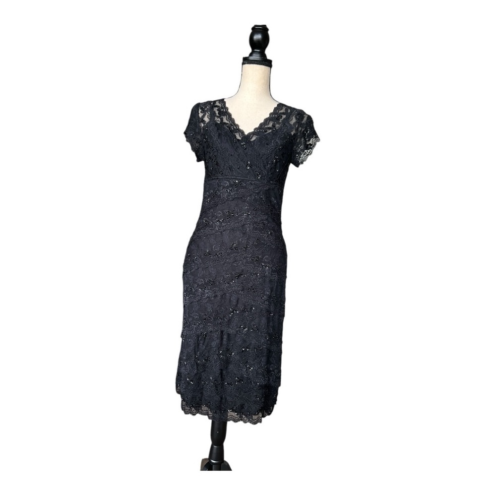 MARINA Black Sheath Dress V-Neck Flutter Sleeves Size 10 - Picture 7 of 7